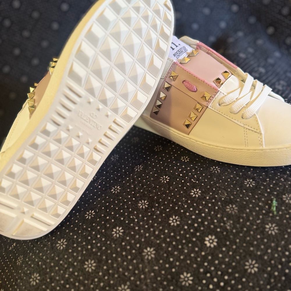 Valentino Women's Sneakers in White and Pink with Gold Accents - Picture 4 of 5